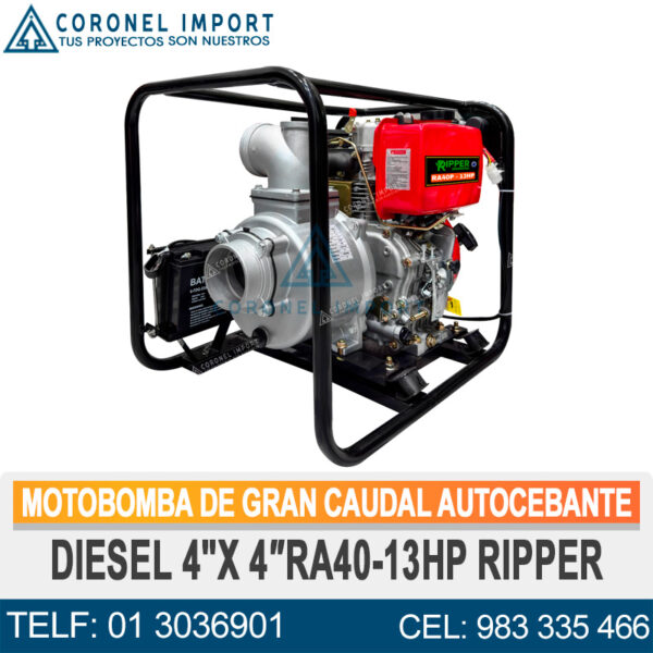 MOTOBOMBA DE GRAN CAUDAL AUTOCEBANTE DIESEL 4"X 4″RA40-13HP RIPPER